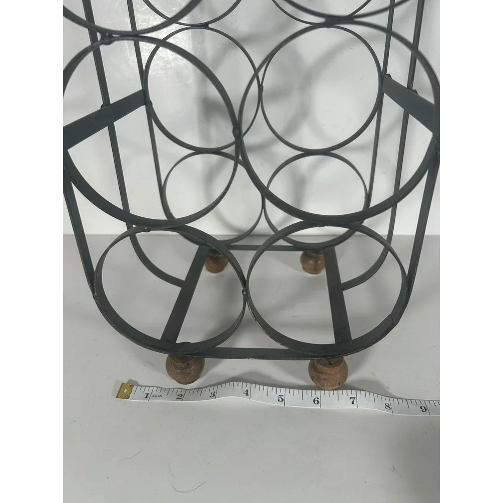 Vintage Wrought Iron 6 Bottle Wine Rack Carrier Wood Handle Rustic Farmhouse